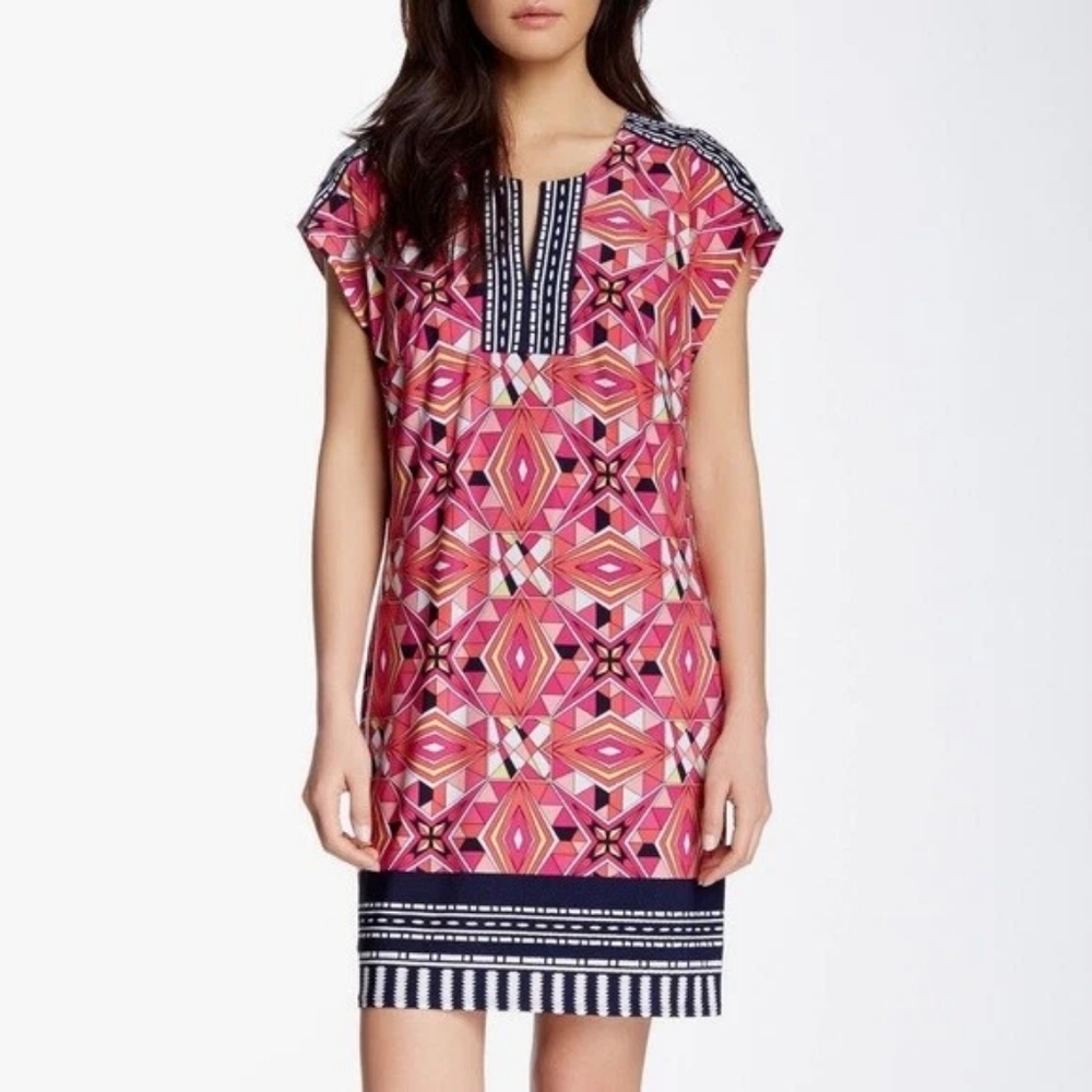 Laundry By Shelli Segal Pink Blue Graphic Cap Sleeve Shift Dress - Size L